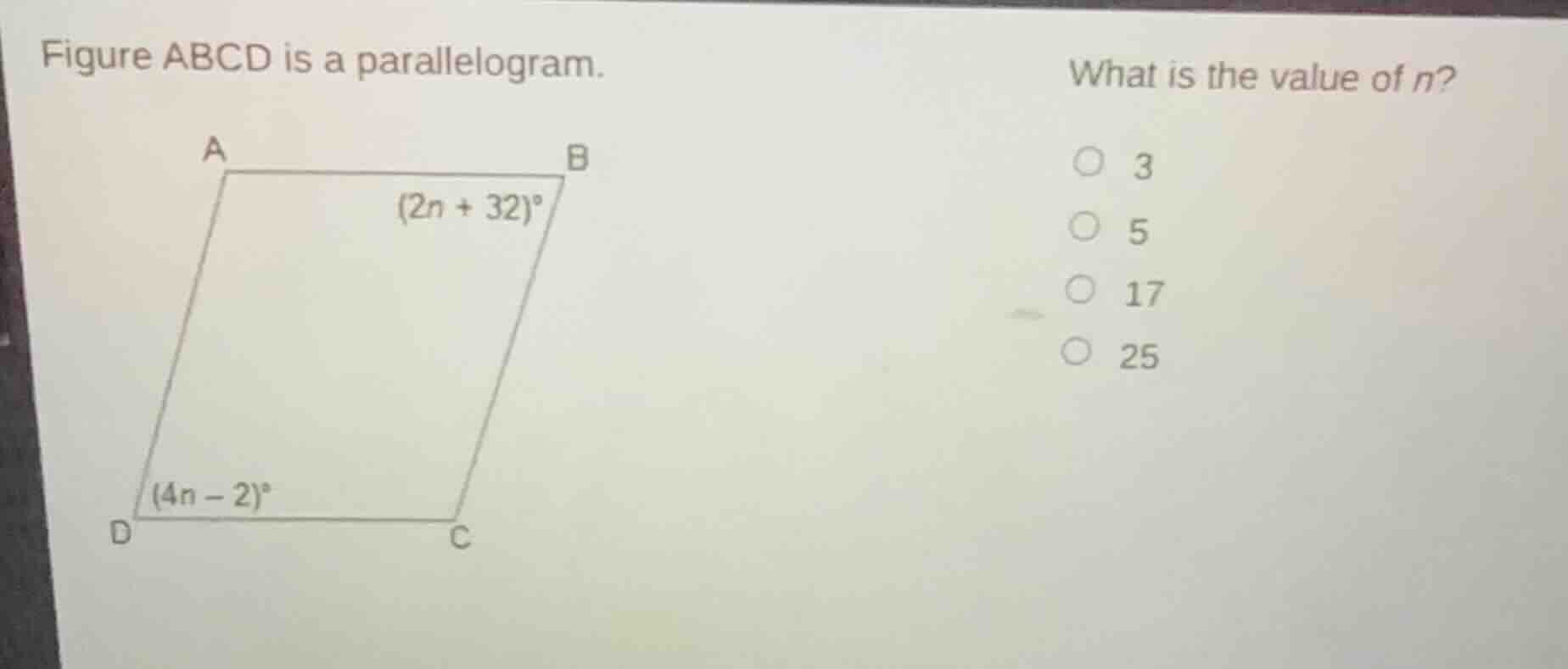 figure abcd is a parallelogram. what is the value of n? a, b, c, d form…