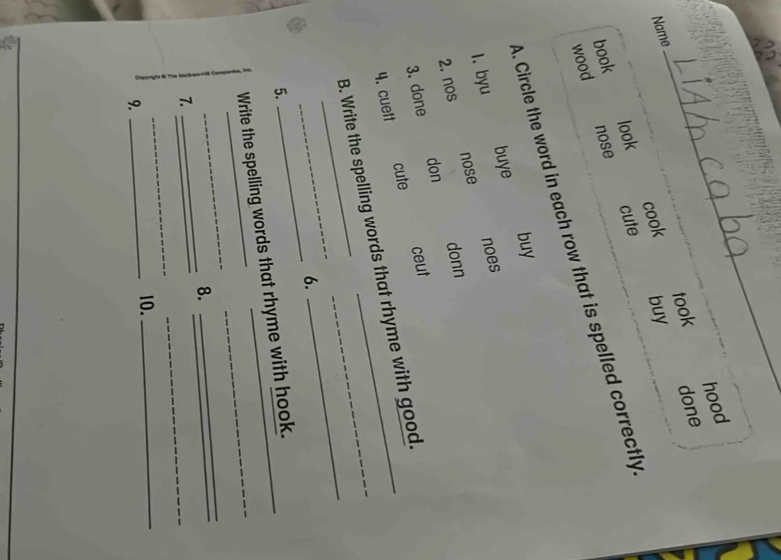 a. circle the word in each row that is spelled correctly. 1. byu buye b…