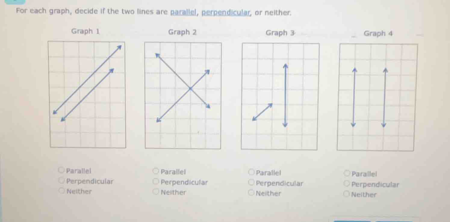 for each graph, decide if the two lines are parallel, perpendicular, or…