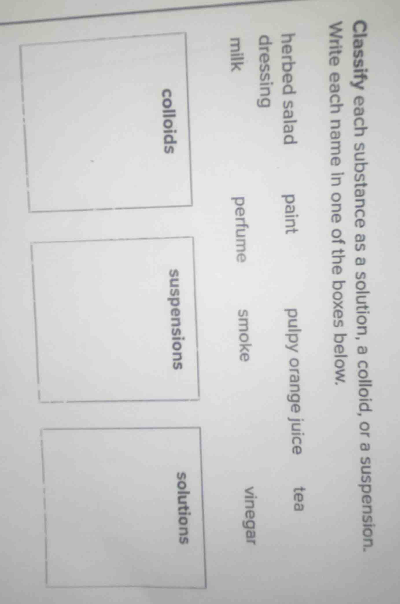classify each substance as a solution, a colloid, or a suspension. writ…