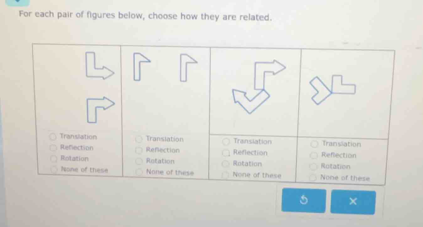 for each pair of figures below, choose how they are related.translation…