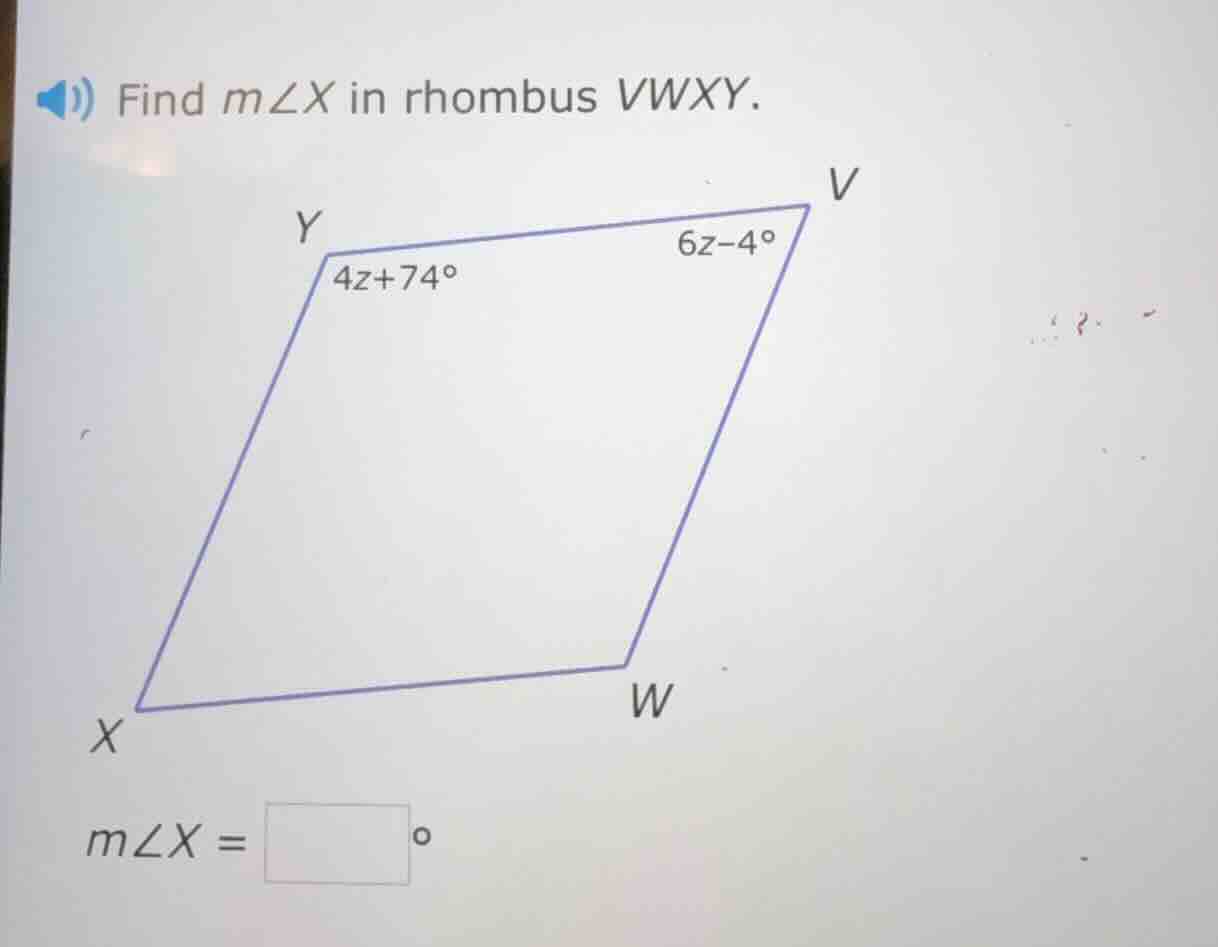 find ( mangle x ) in rhombus ( vwxy ). ( mangle x = square^circ )