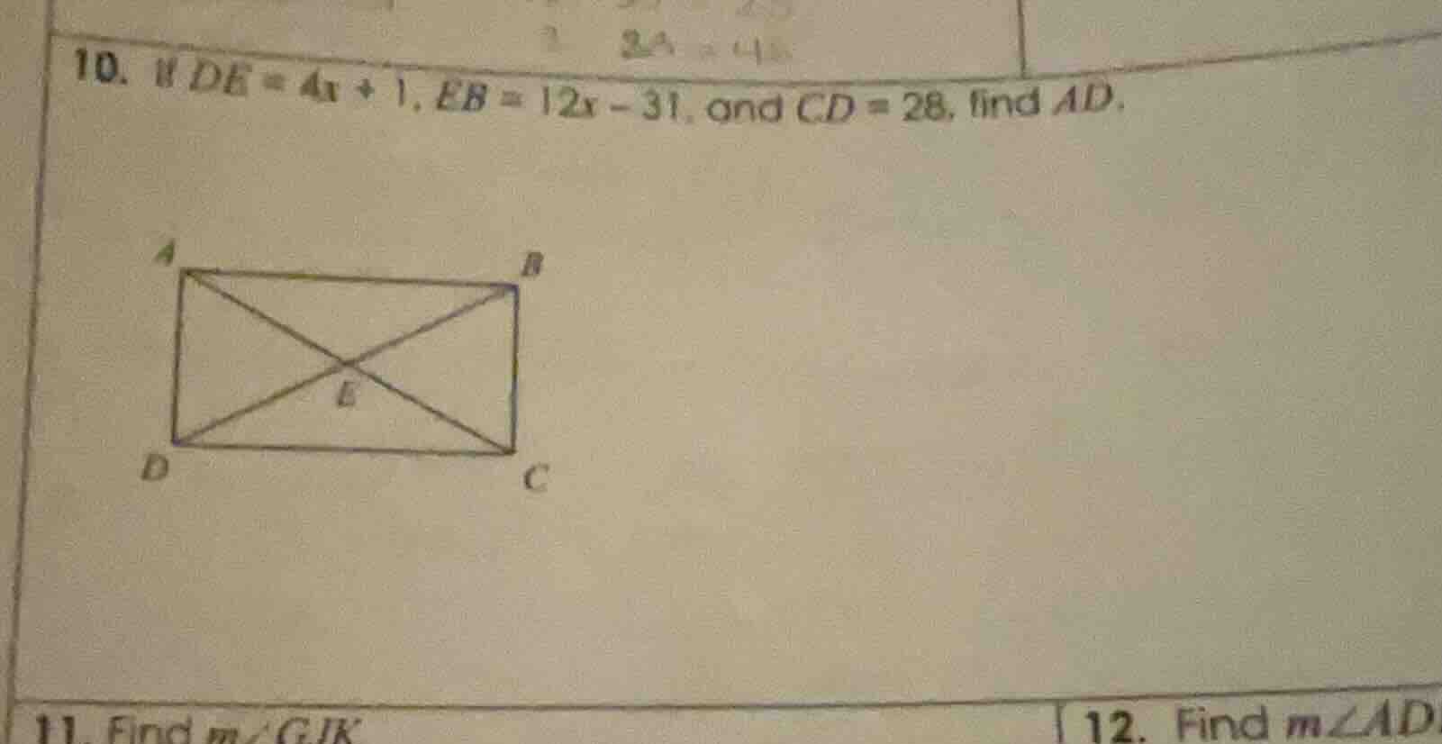 10. if de = 4x + 1, eb = 12x - 31, and cd = 28, find ad.