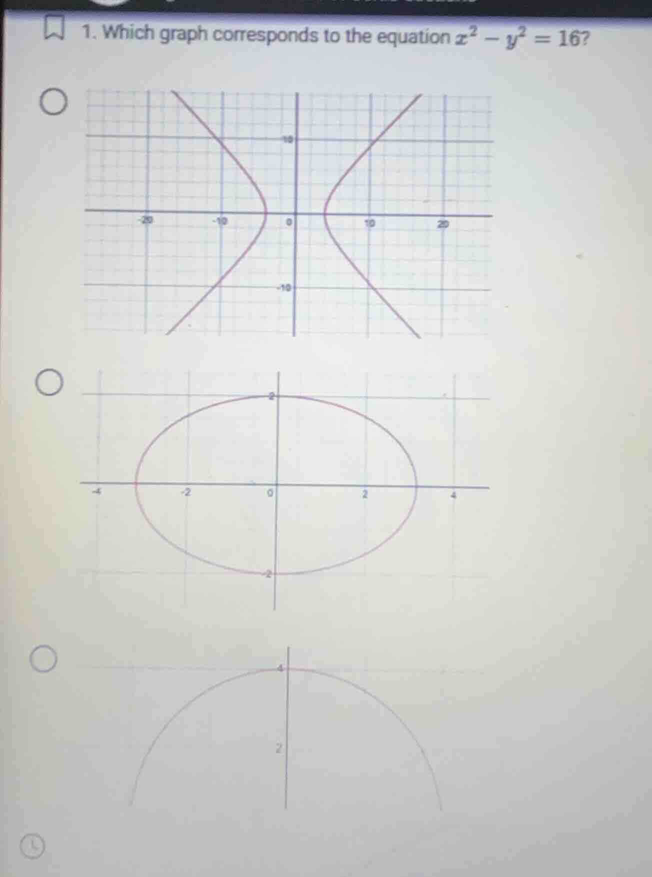 1. which graph corresponds to the equation $x^2 - y^2 = 16$?