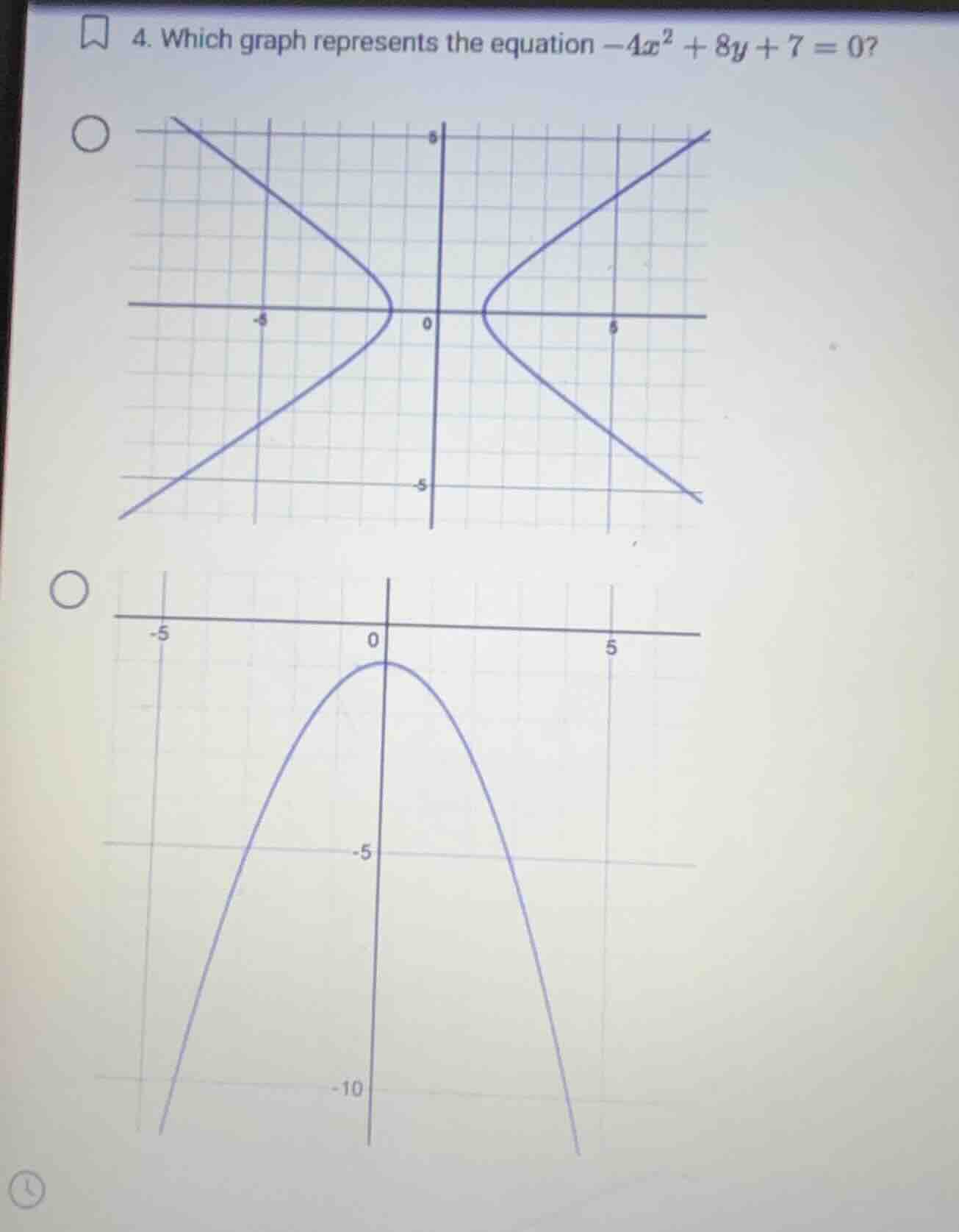 4. which graph represents the equation $-4x^{2}+8y + 7 = 0$?