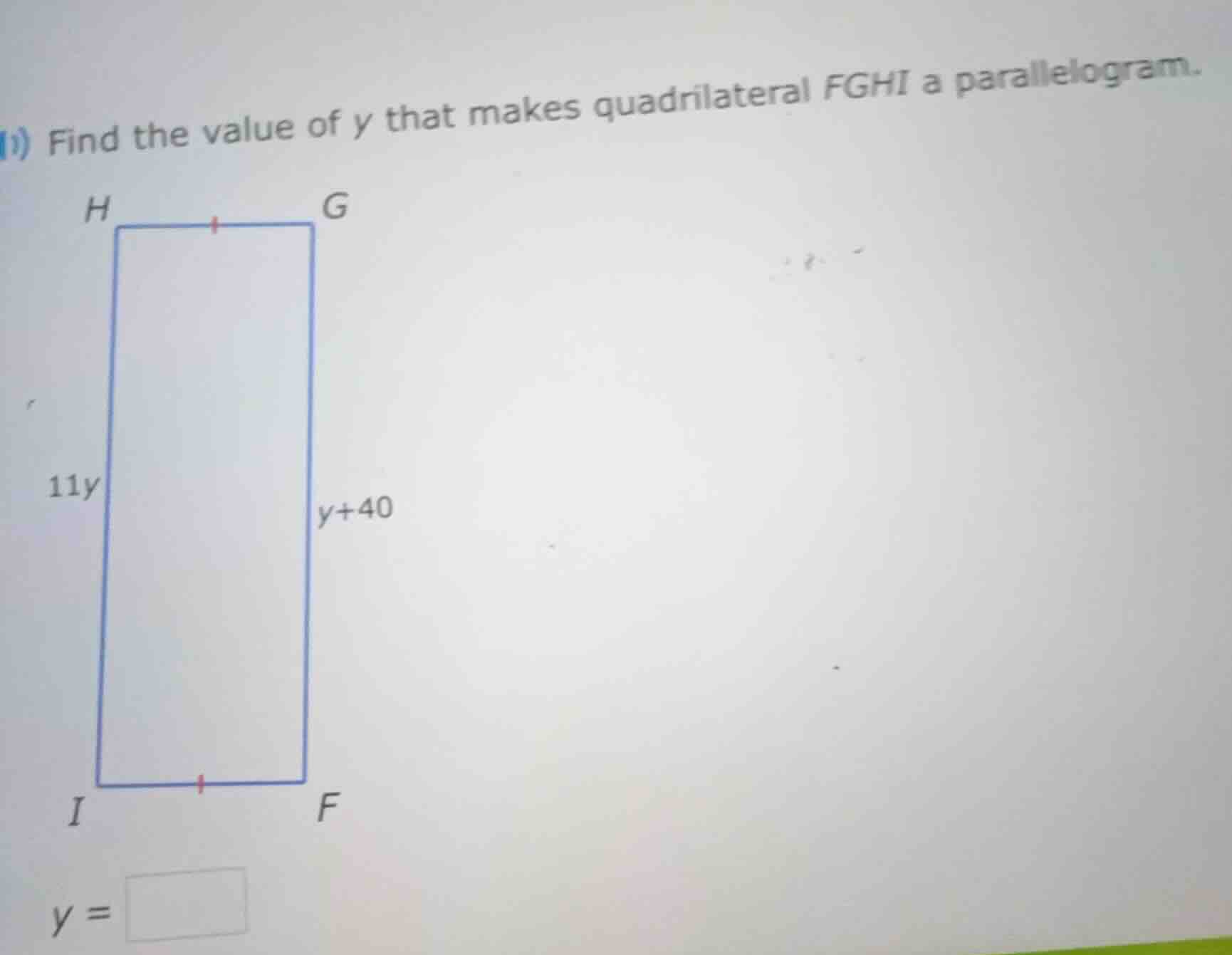 i) find the value of y that makes quadrilateral fghi a parallelogram. h…