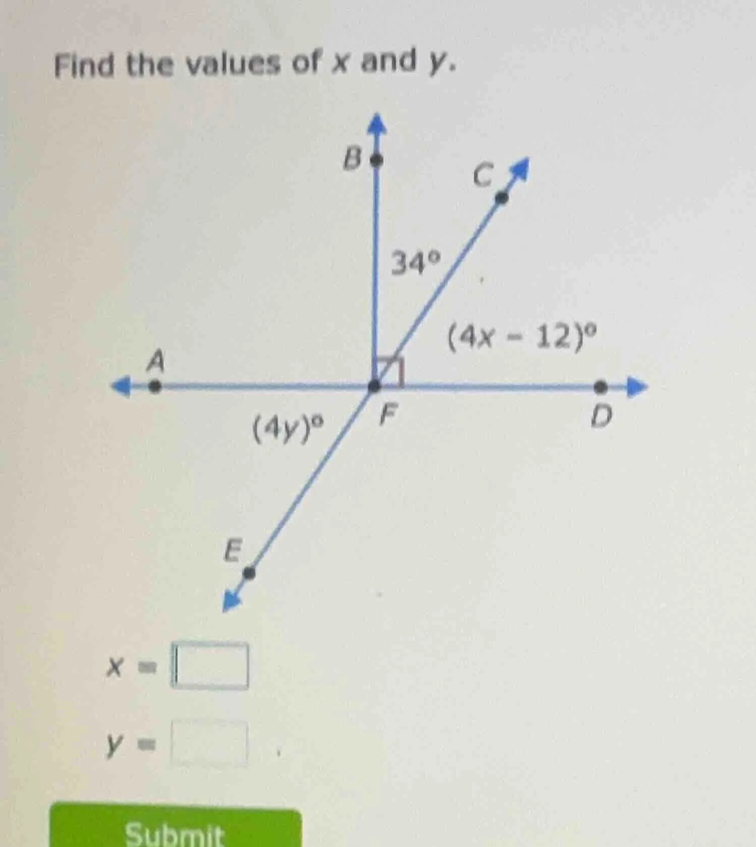 find the values of x and y. (the image shows a coordinate - like diagra…