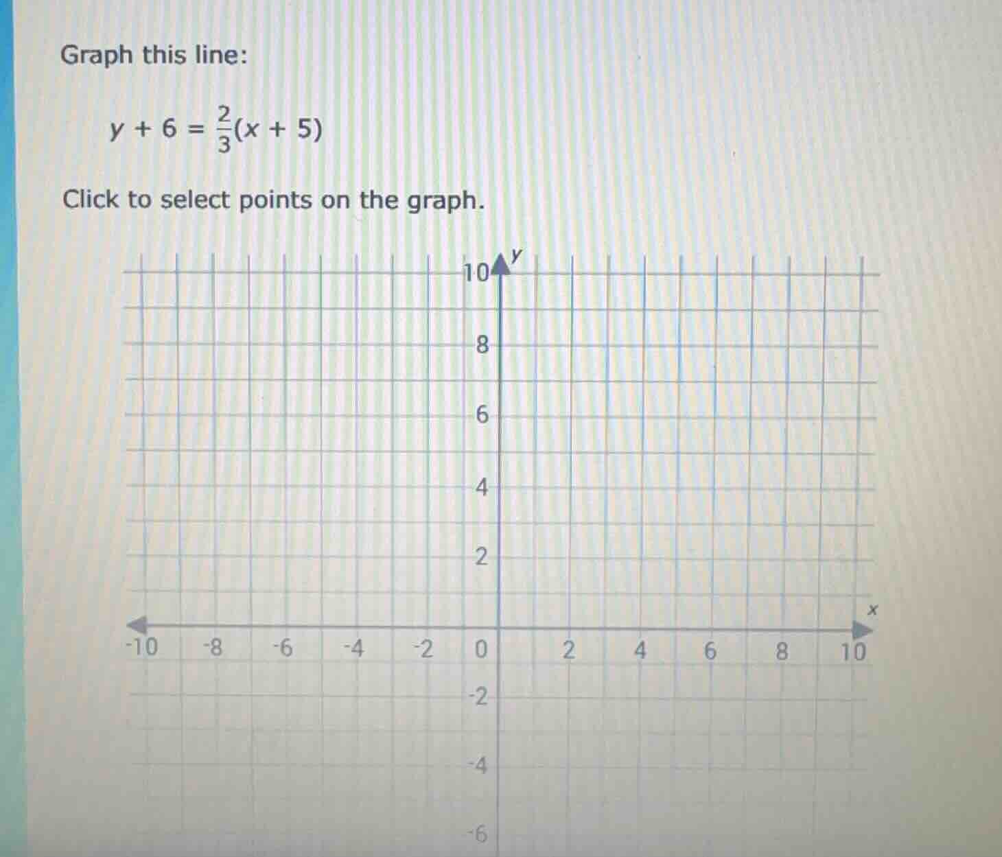 graph this line: $y + 6 = \\frac{2}{3}(x + 5)$ click to select points o…