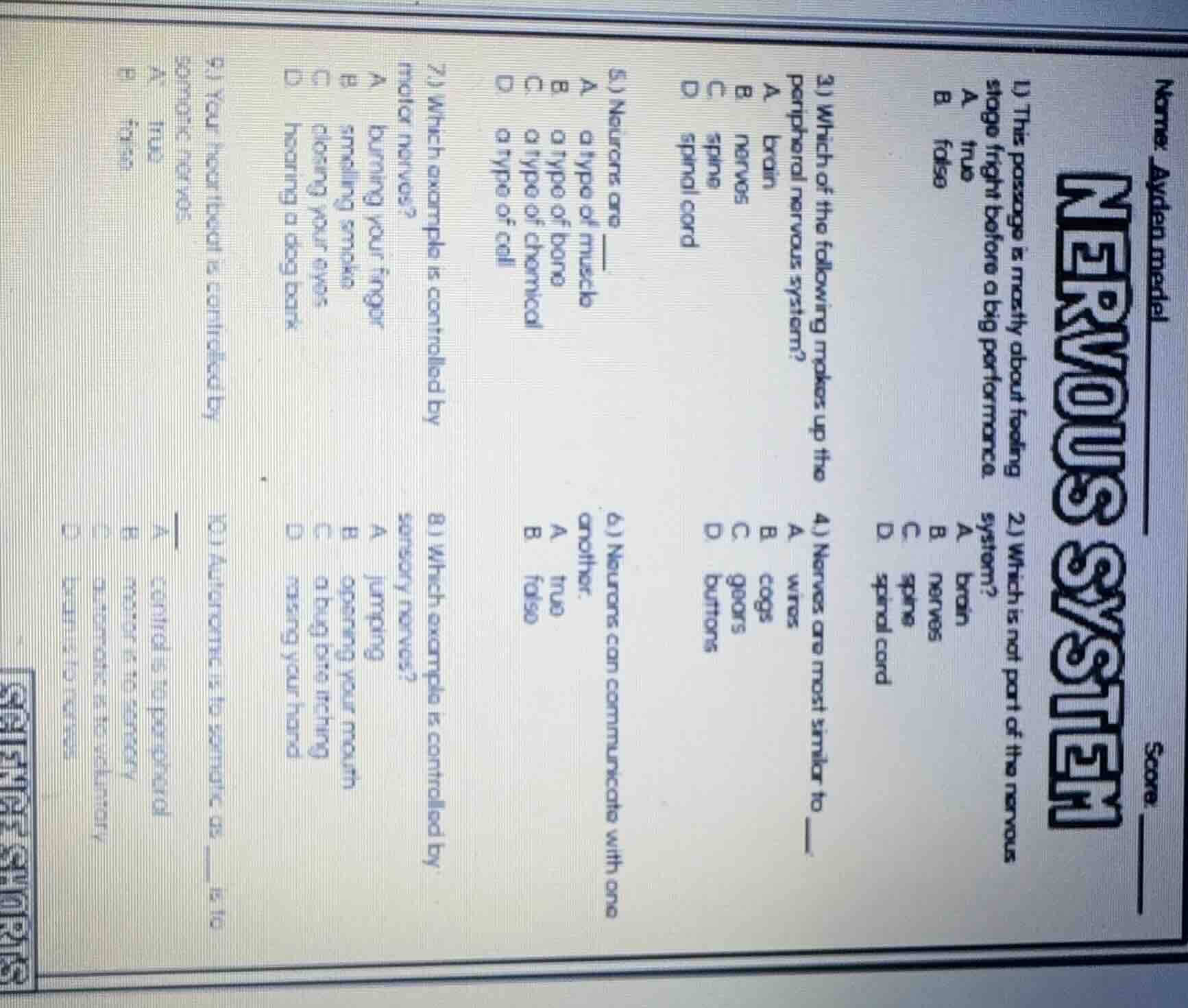 name: ayden medel score: nervous system 1) this passage is mostly about…