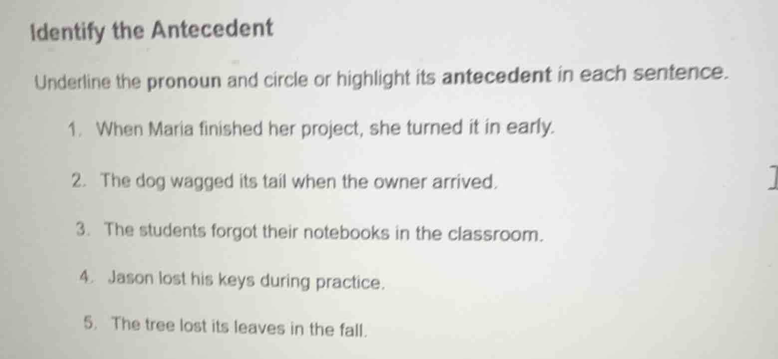 identify the antecedent underline the pronoun and circle or highlight i…