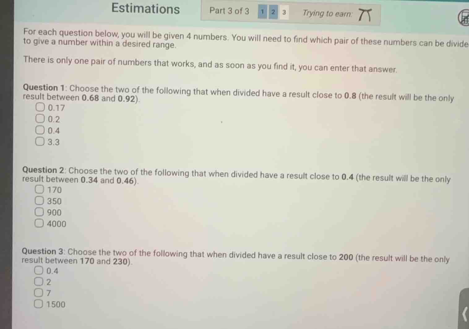 estimations part 3 of 3 1 2 3 trying to earn: for each question below, …