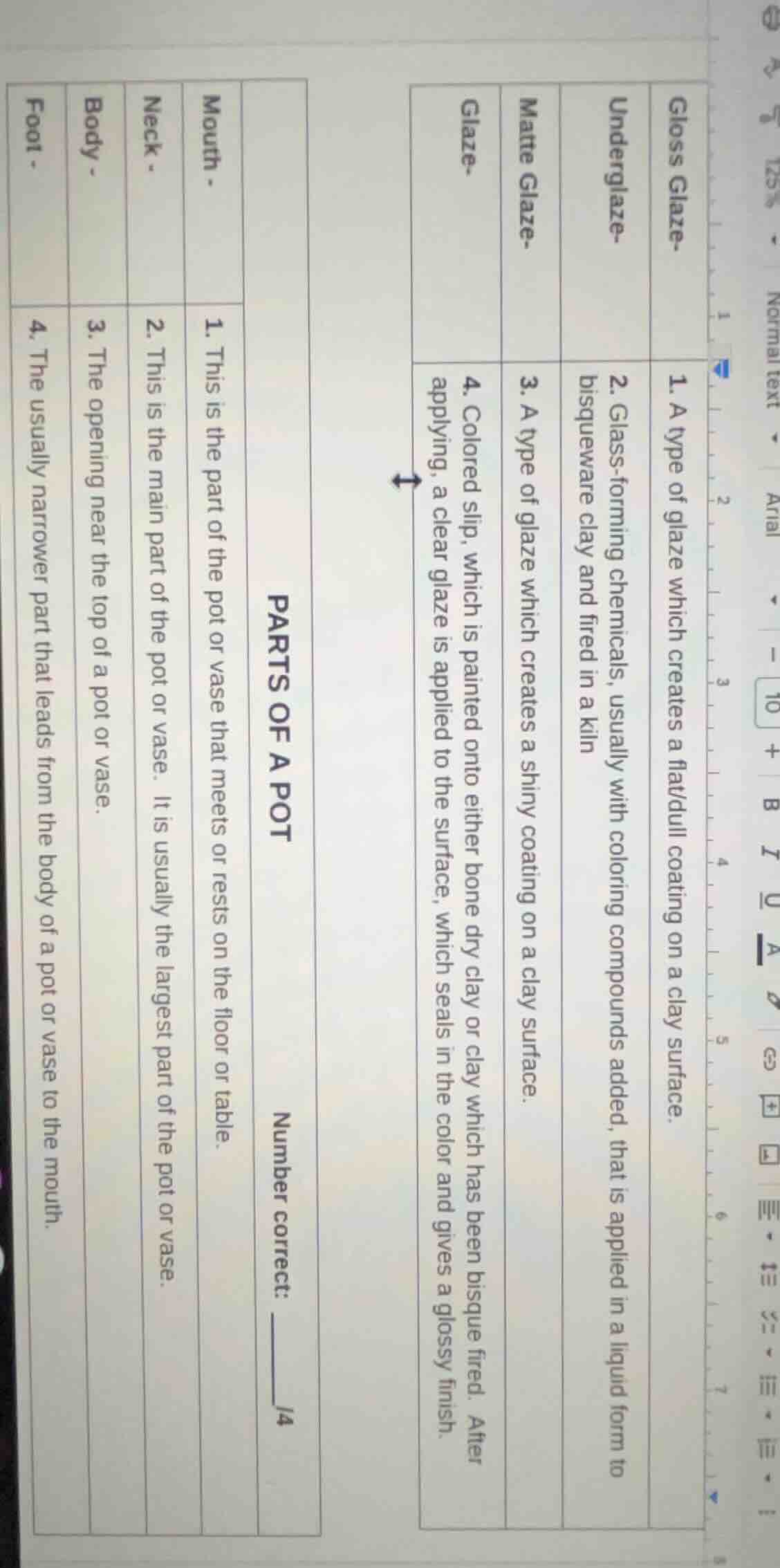 parts of a pot number correct: ______/4 mouth. 1. this is the part of t…