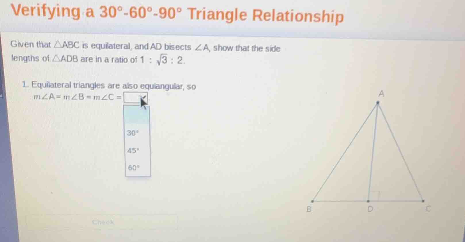 verifying a 30°-60°-90° triangle relationship given that △abc is equila…