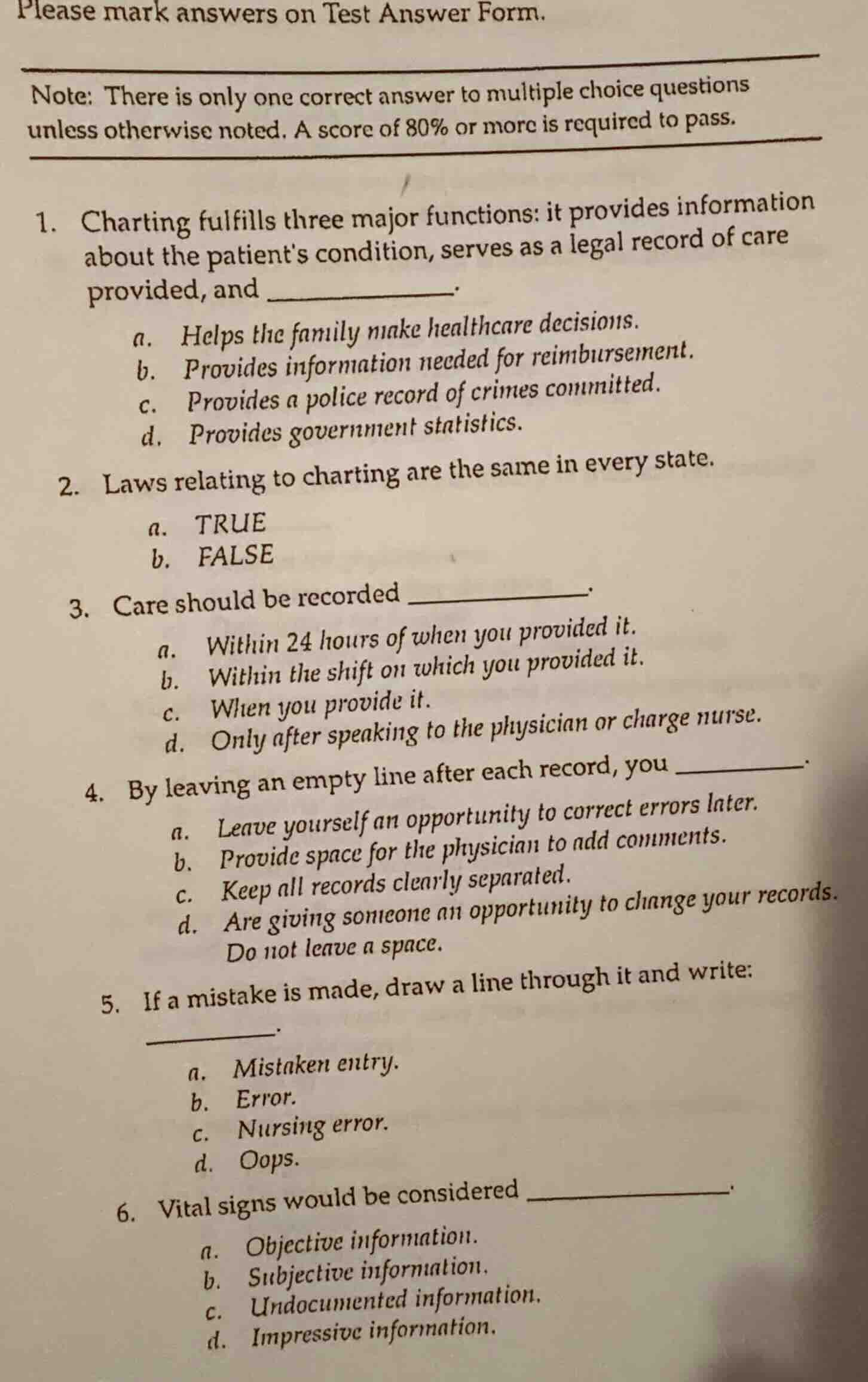 please mark answers on test answer form. note: there is only one correc…