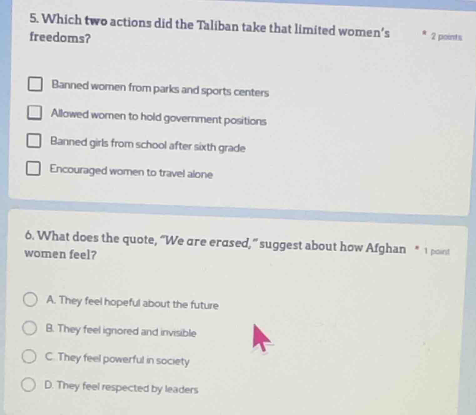 5. which two actions did the taliban take that limited women’s freedoms…