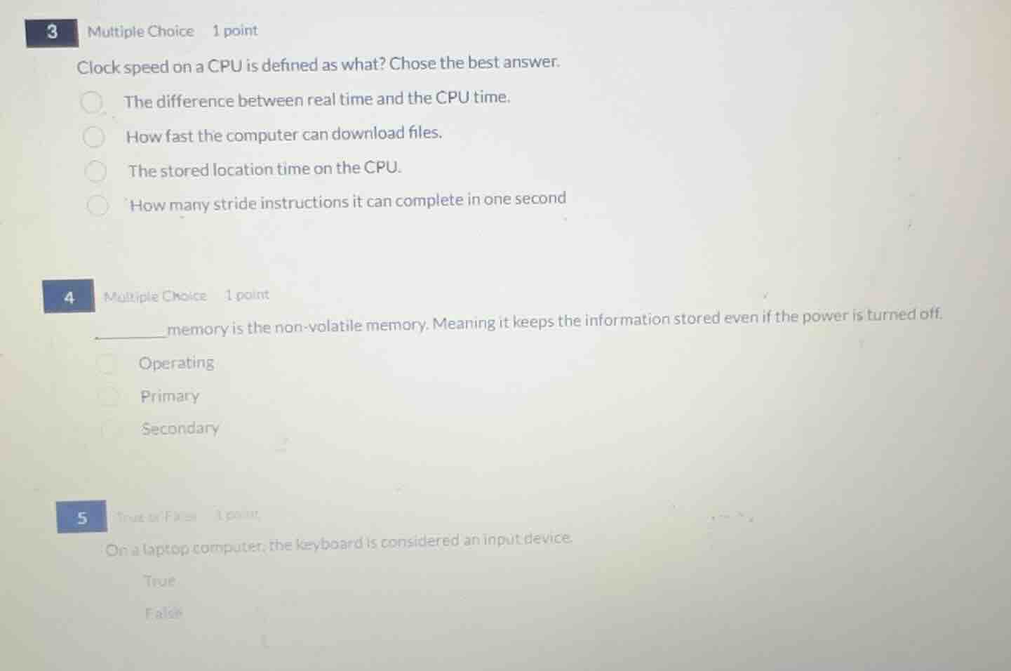 3 multiple choice 1 point clock speed on a cpu is defined as what? chos…