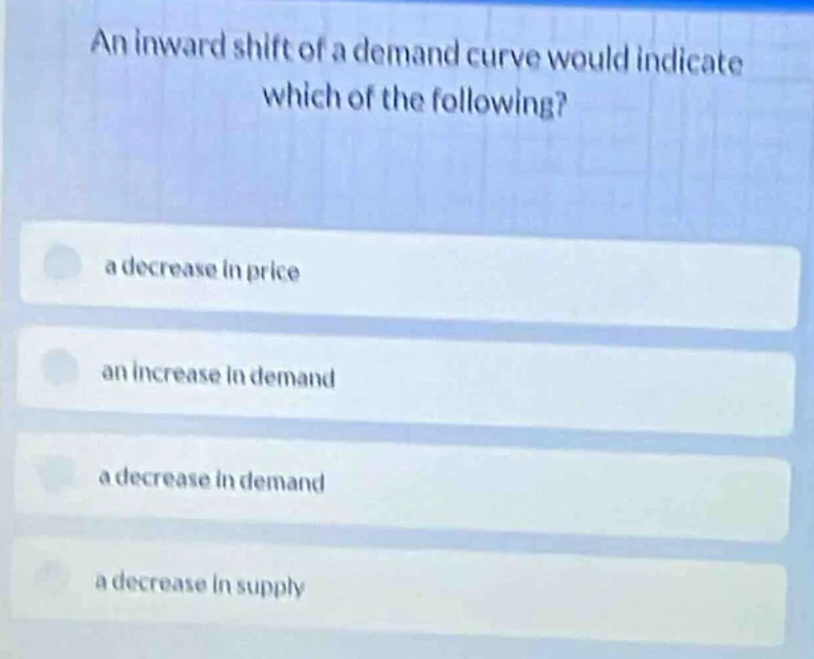 an inward shift of a demand curve would indicate which of the following…