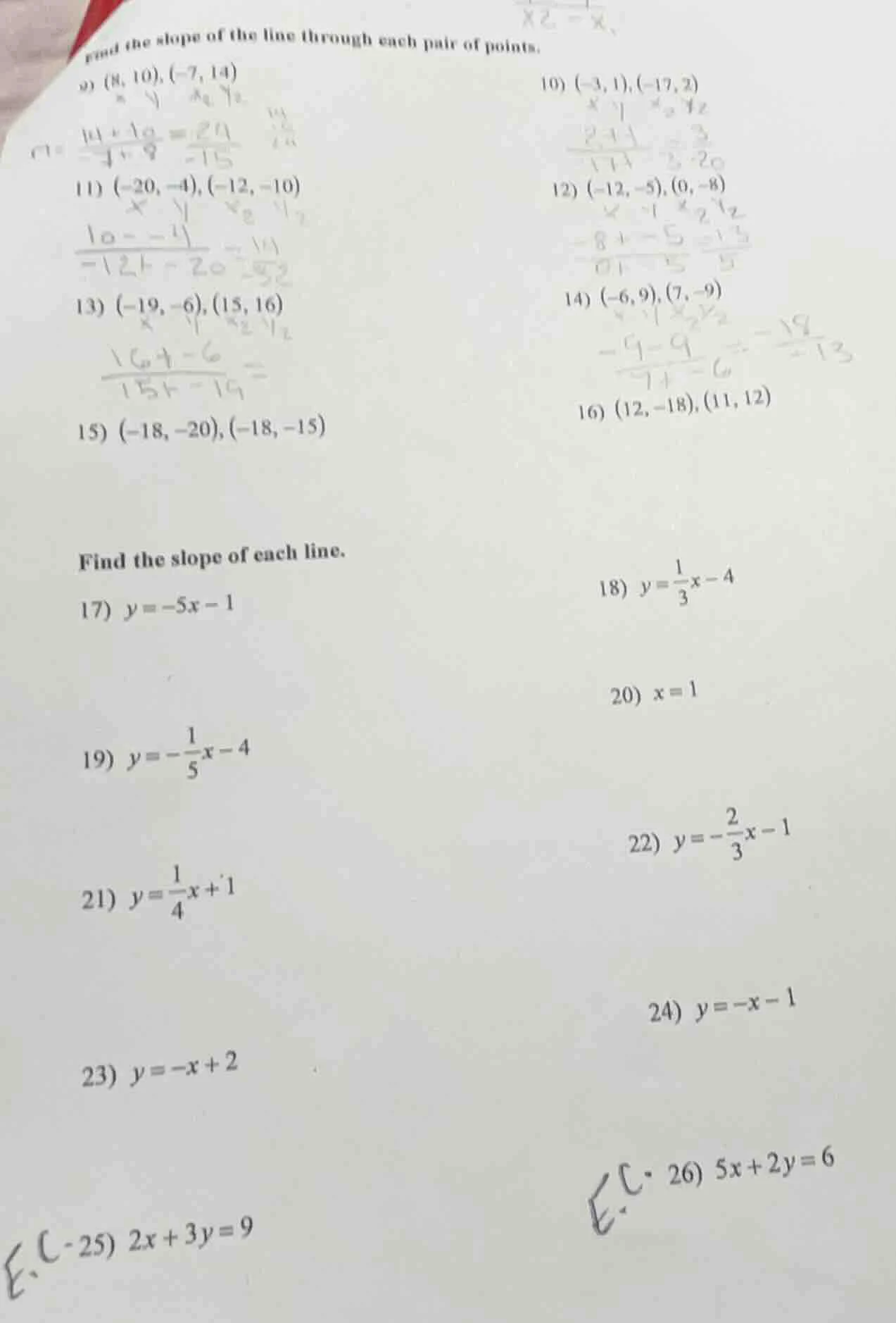 find the slope of the line through each pair of points. 9) (8, 10), (-7…