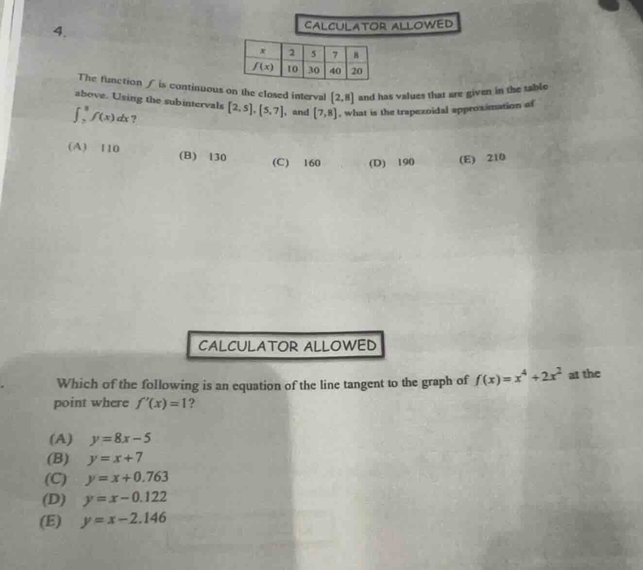 4. calculator allowed | x | 2 | 5 | 7 | 8 | | f(x) | 10 | 30 | 40 | 20 …