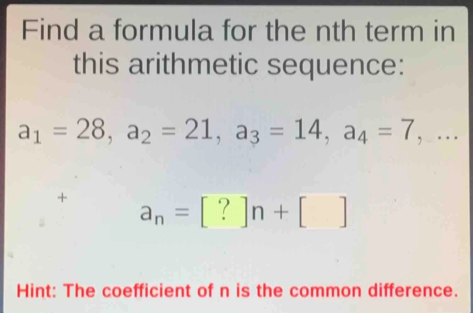 find a formula for the nth term in this arithmetic sequence: a₁ = 28, a…