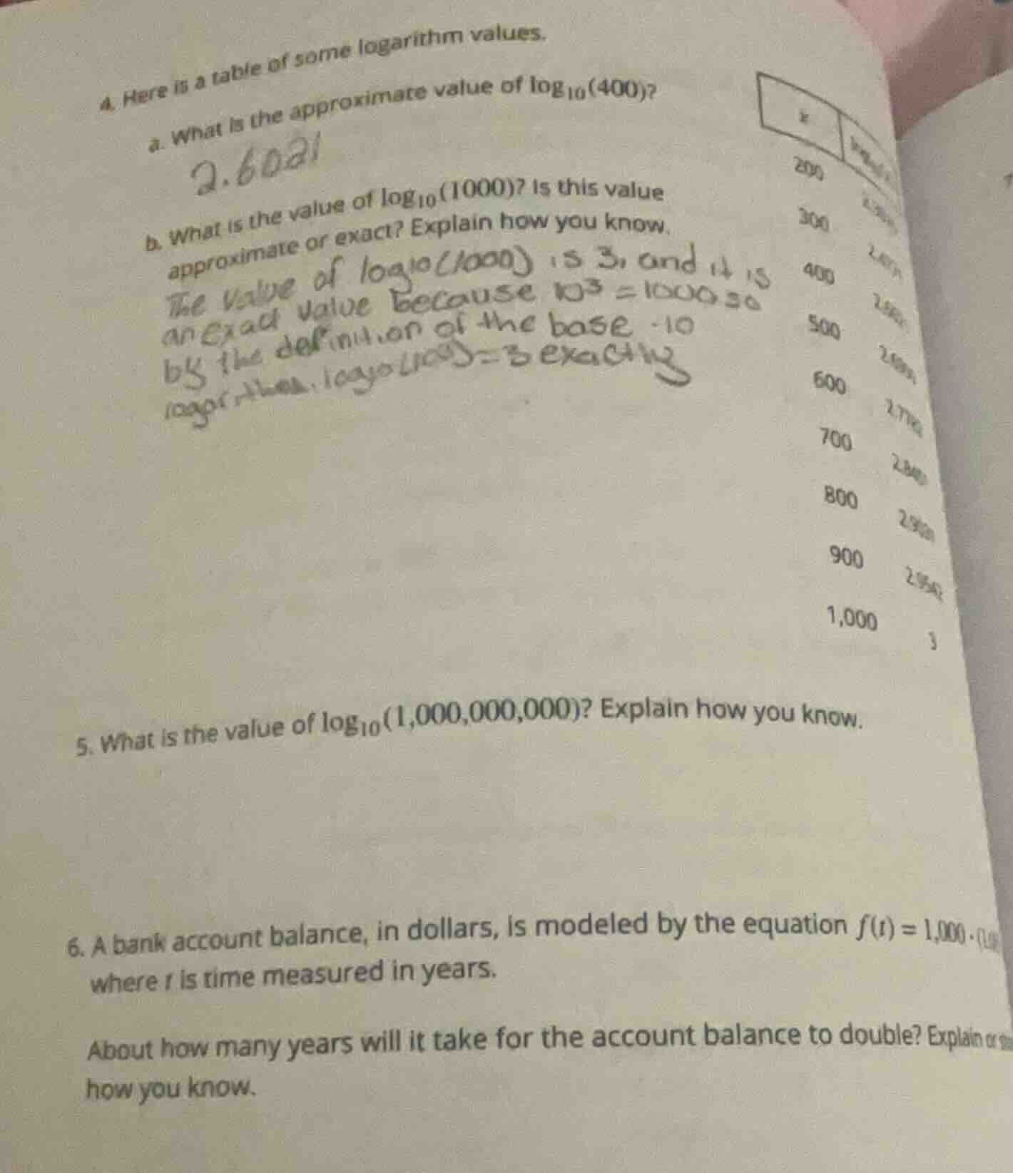 4. here is a table of some logarithm values. a. what is the approximate…