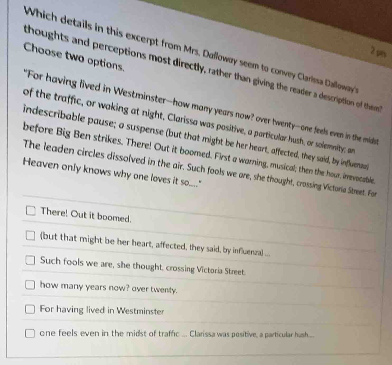 which details in this excerpt from mrs. dalloway seem to convey clariss…