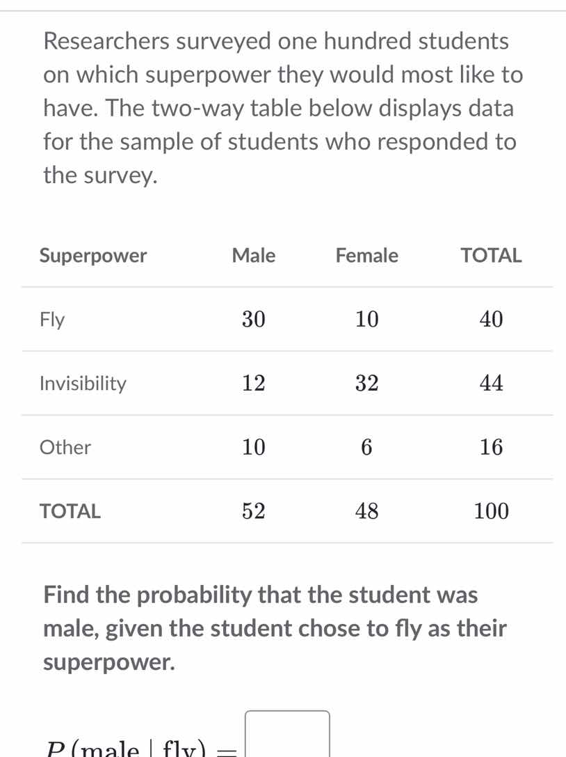 researchers surveyed one hundred students on which superpower they woul…