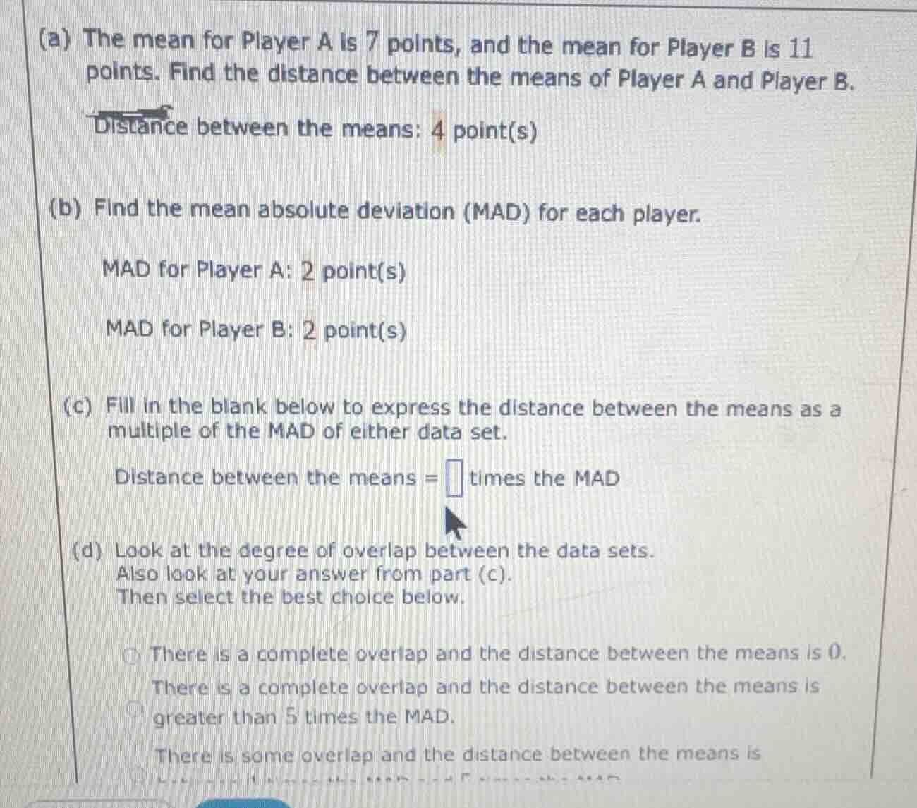 (a) the mean for player a is 7 points, and the mean for player b is 11 …