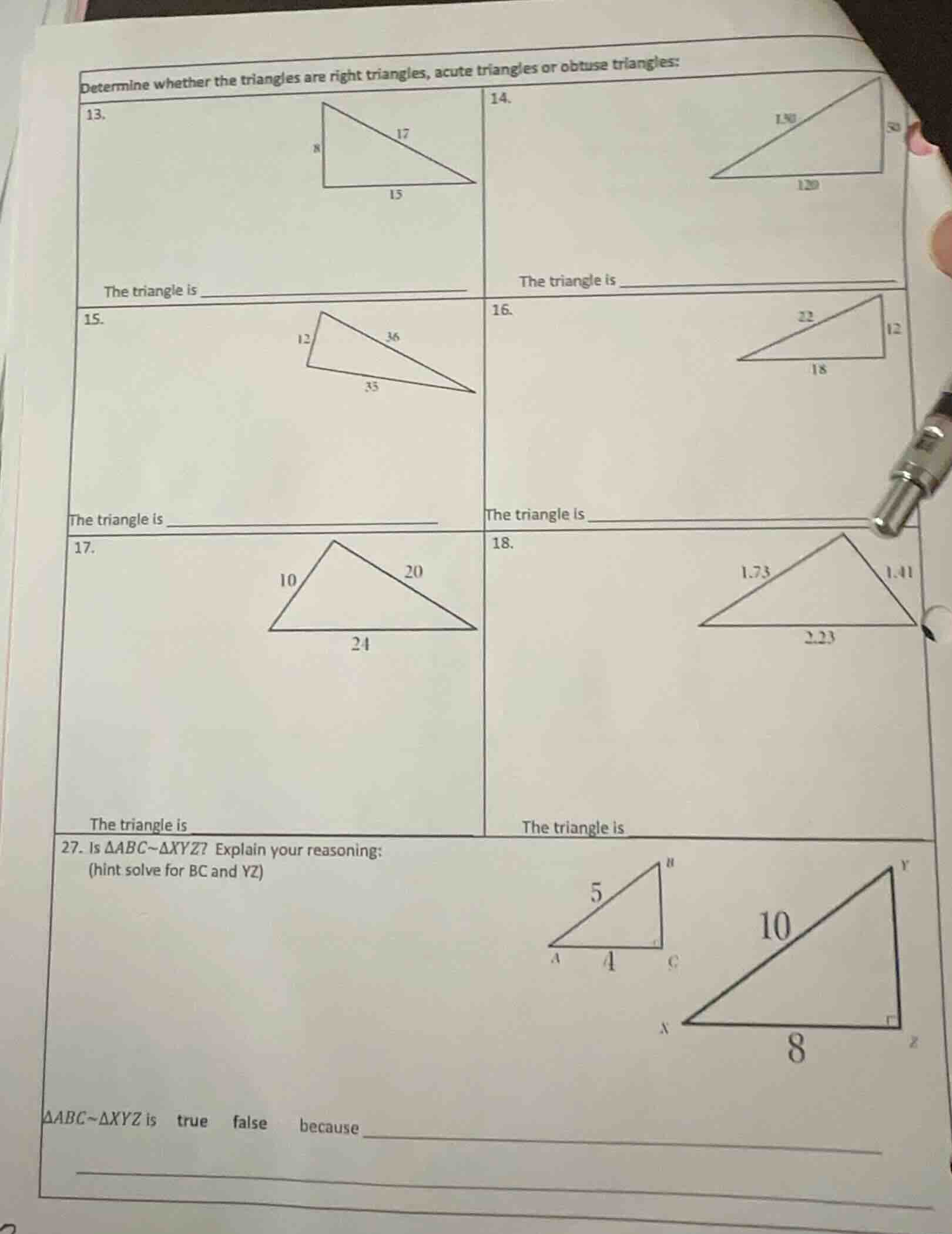 determine whether the triangles are right triangles, acute triangles or…