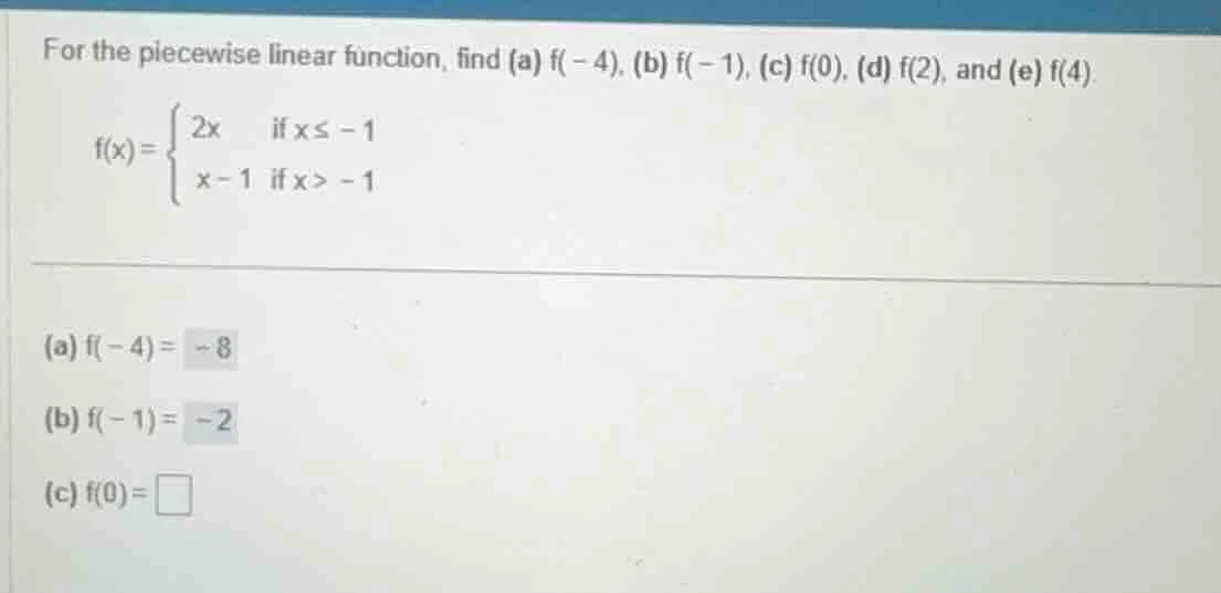 for the piecewise linear function, find (a) f(-4), (b) f(-1), (c) f(0),…