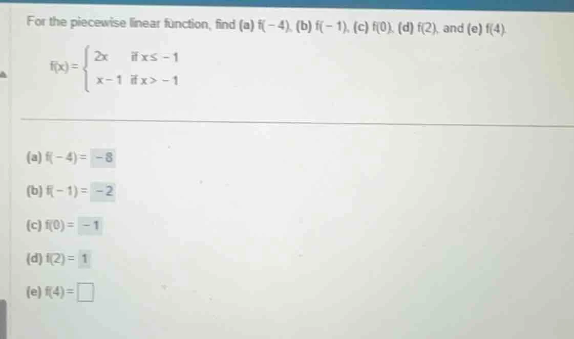 for the piecewise linear function, find (a) ( f(-4) ), (b) ( f(-1) ), (…