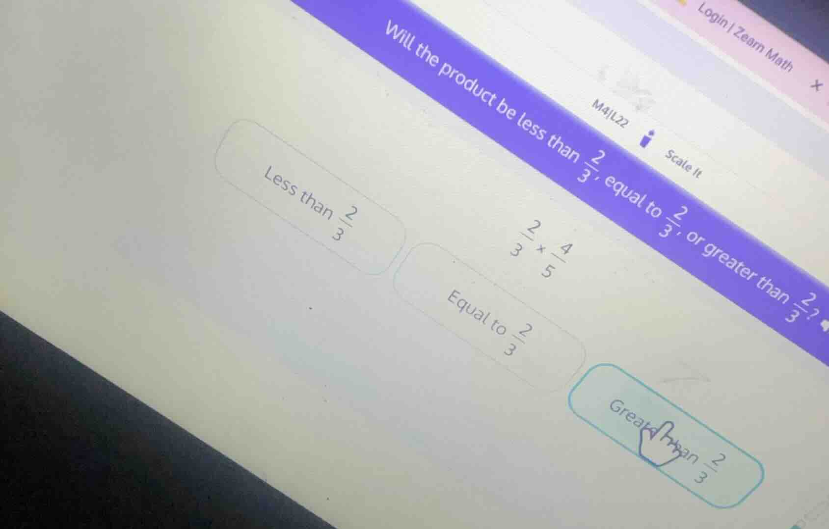 will the product be less than \\(\frac{2}{3}\\), equal to \\(\frac{2}{3…