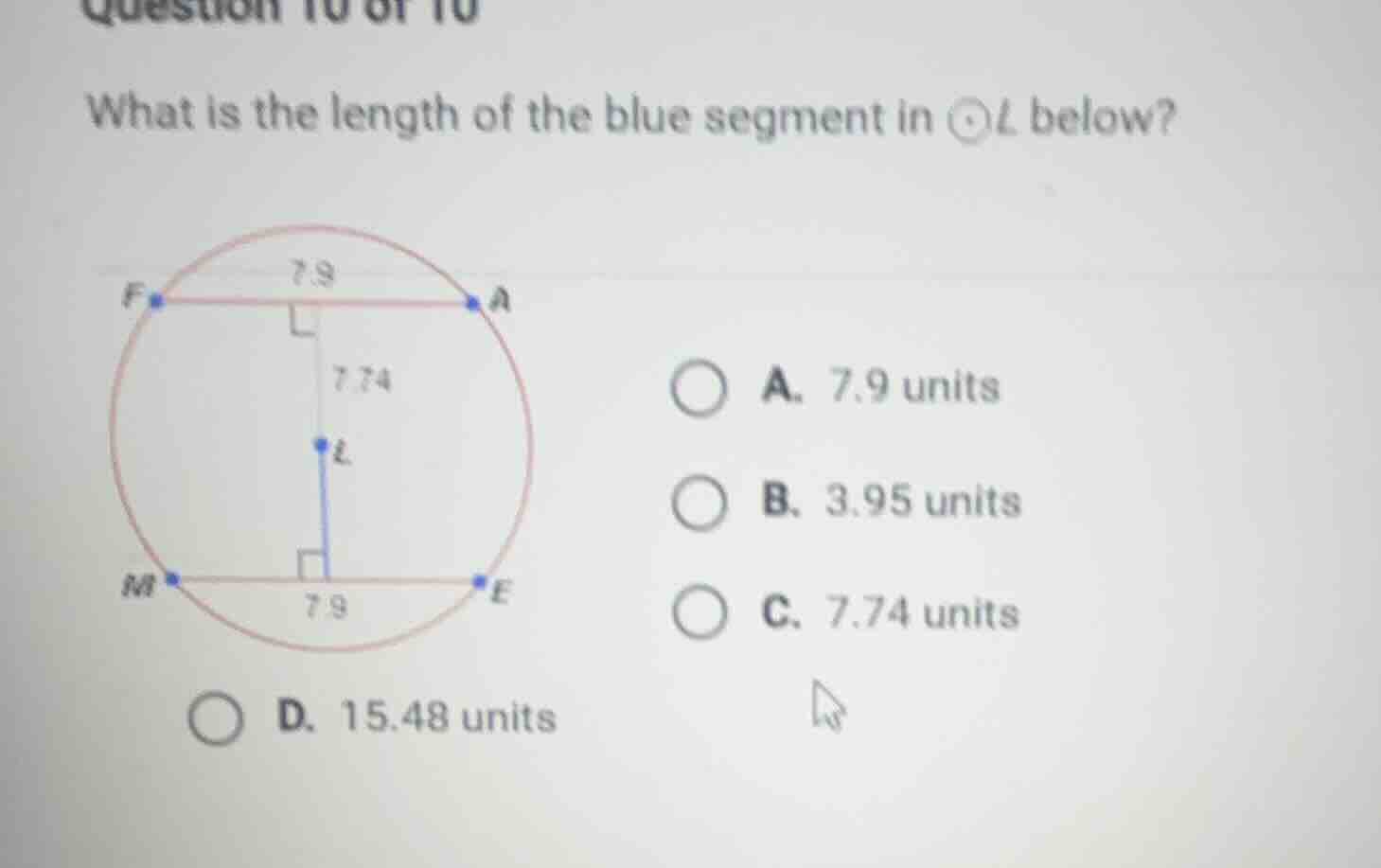 what is the length of the blue segment in \\(\\odot l\\) below? a. 7.9 …