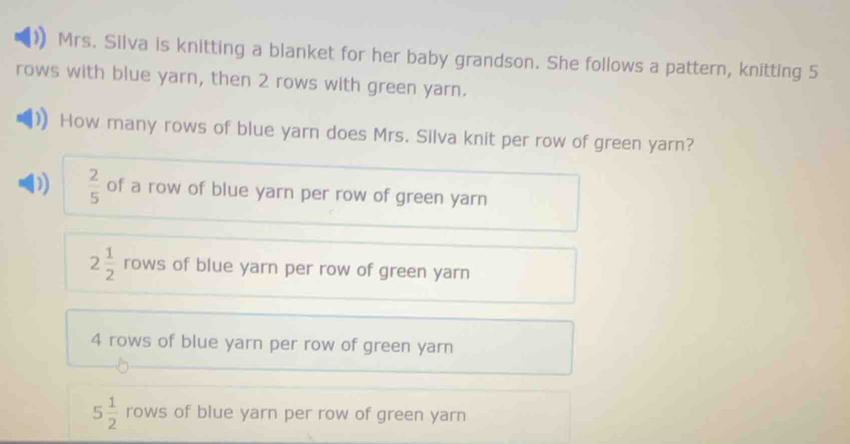 mrs. silva is knitting a blanket for her baby grandson. she follows a p…