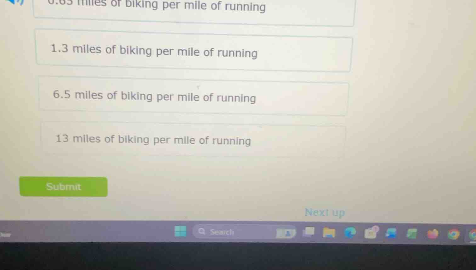 0.65 miles of biking per mile of running 1.3 miles of biking per mile o…