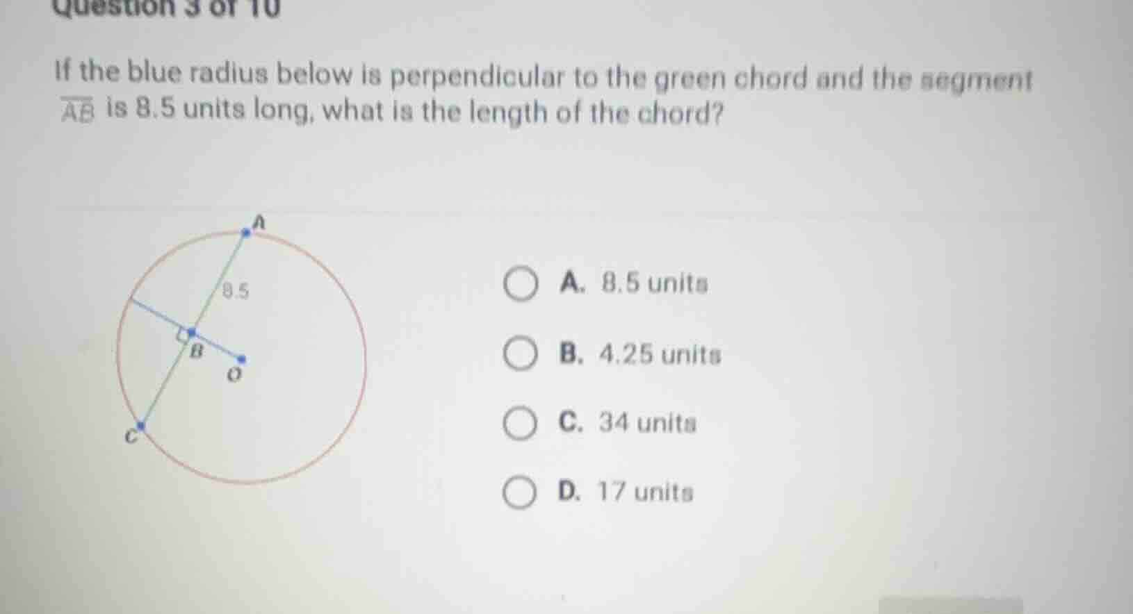 question 3 of 10 if the blue radius below is perpendicular to the green…