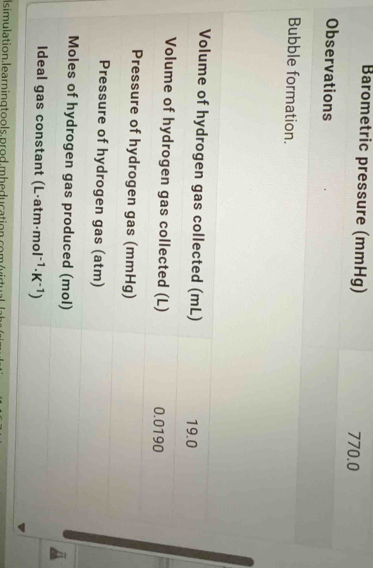 barometric pressure (mmhg) observations bubble formation. volume of hyd…