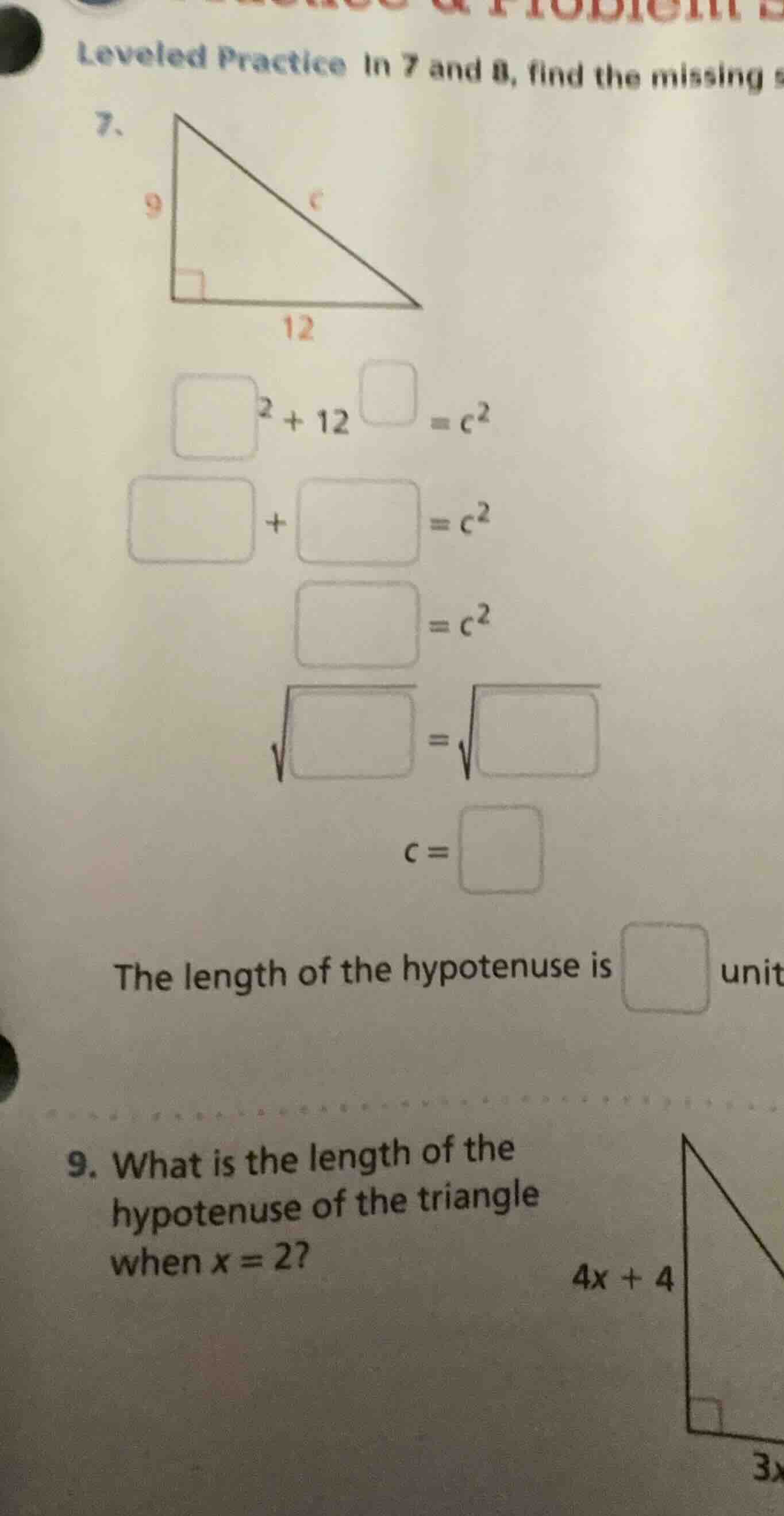 leveled practice in 7 and 8, find the missing 7. $\\square^2 + 12\\squa…