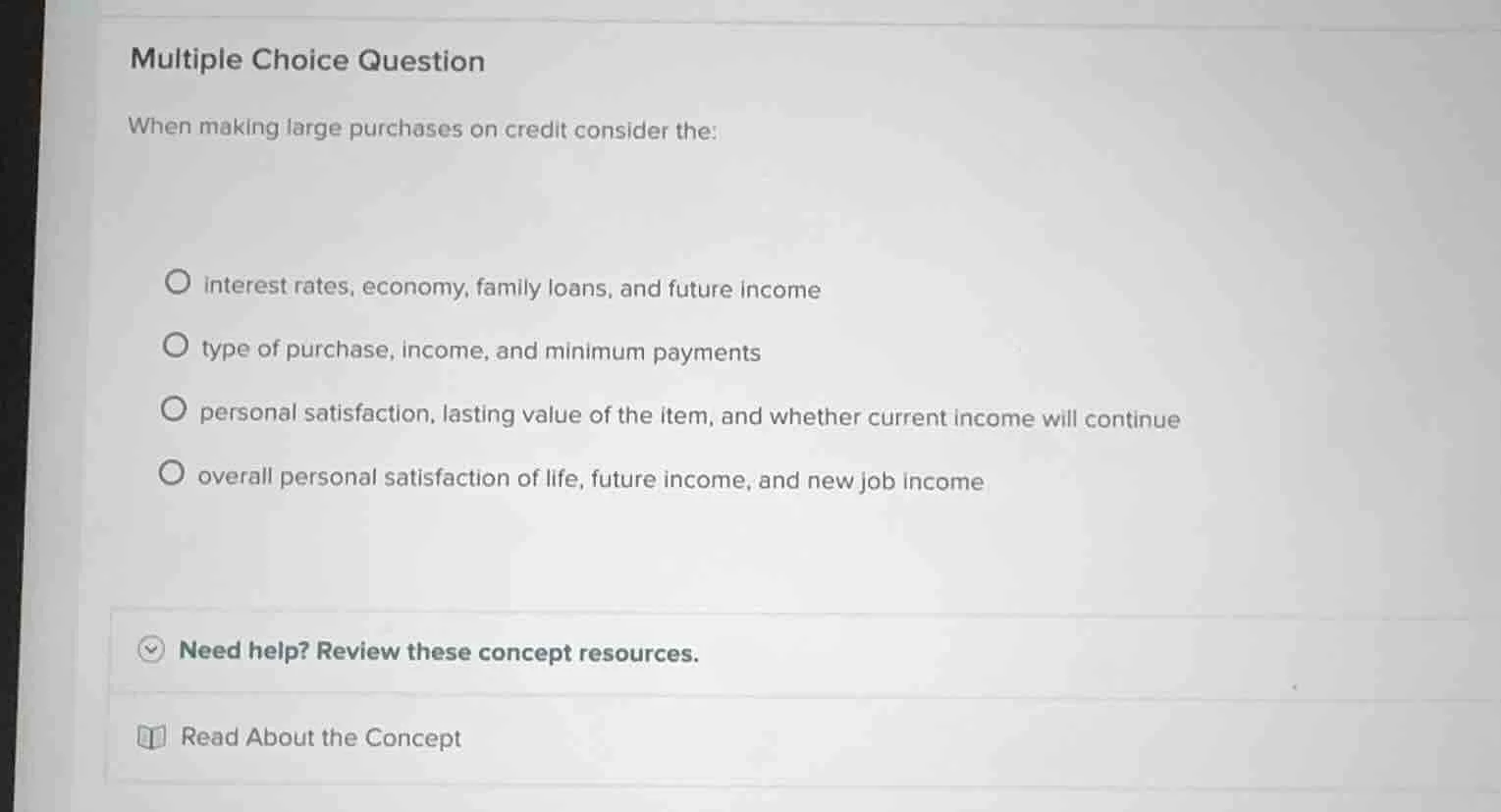 multiple choice question when making large purchases on credit consider…