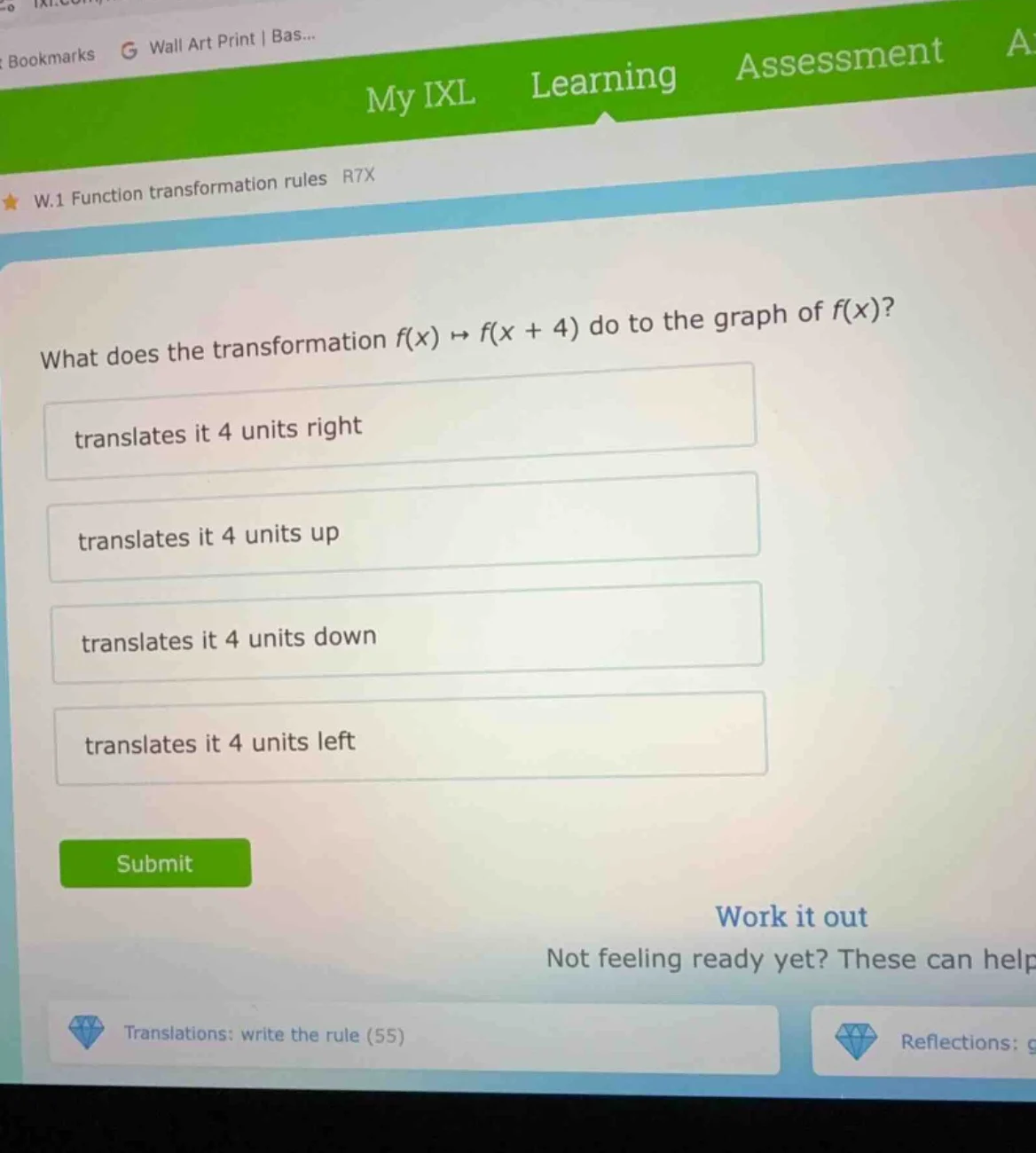 what does the transformation $f(x) \\mapsto f(x + 4)$ do to the graph o…