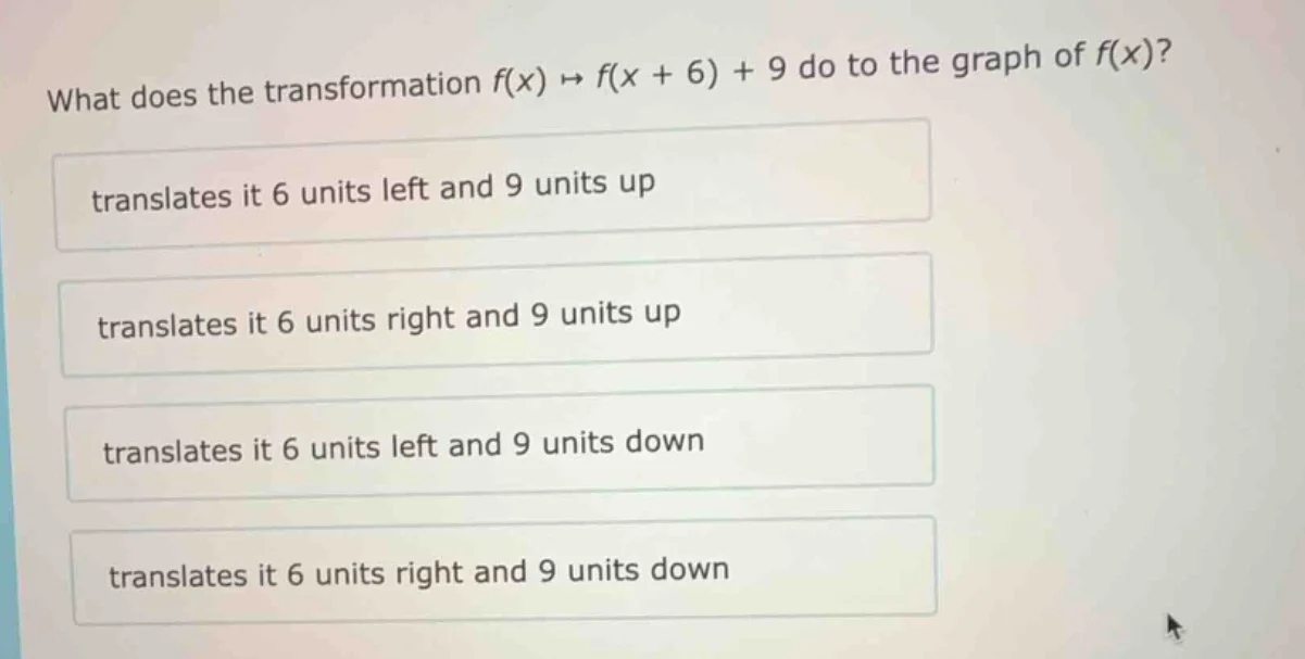 what does the transformation $f(x) \\mapsto f(x + 6) + 9$ do to the gra…