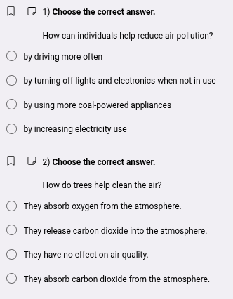 1) choose the correct answer. how can individuals help reduce air pollu…