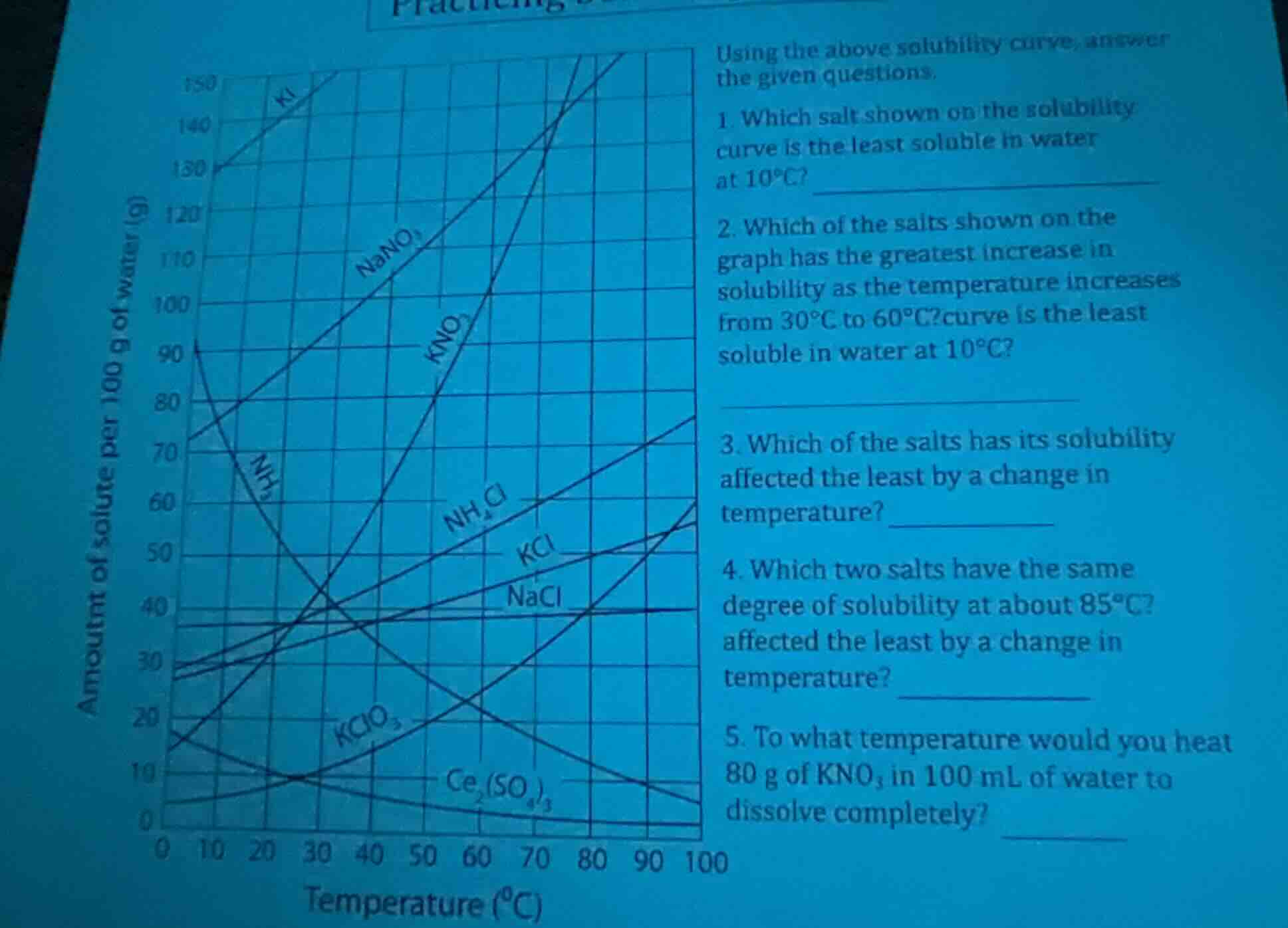 using the above solubility curve, answer the given questions. 1. which …
