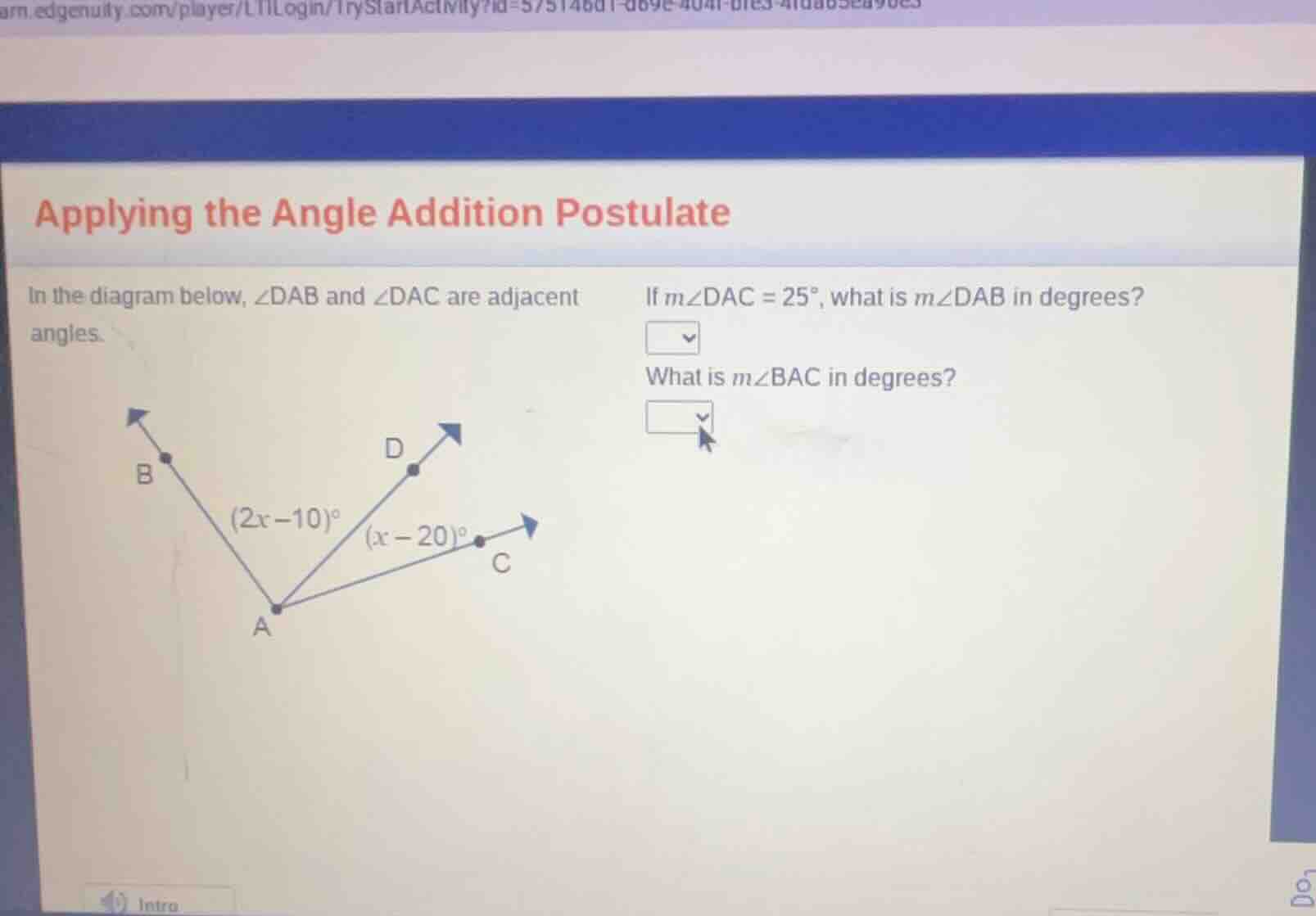 applying the angle addition postulate in the diagram below, ∠dab and ∠d…