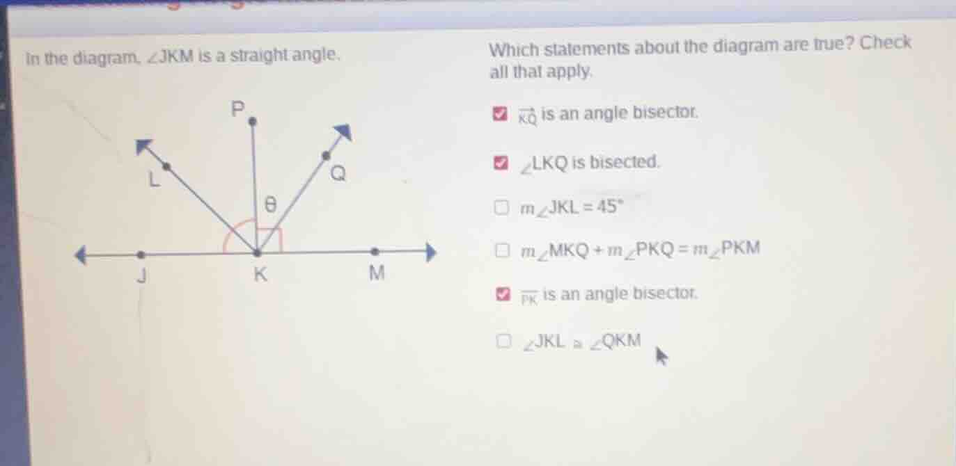 in the diagram, ∠jkm is a straight angle. which statements about the di…