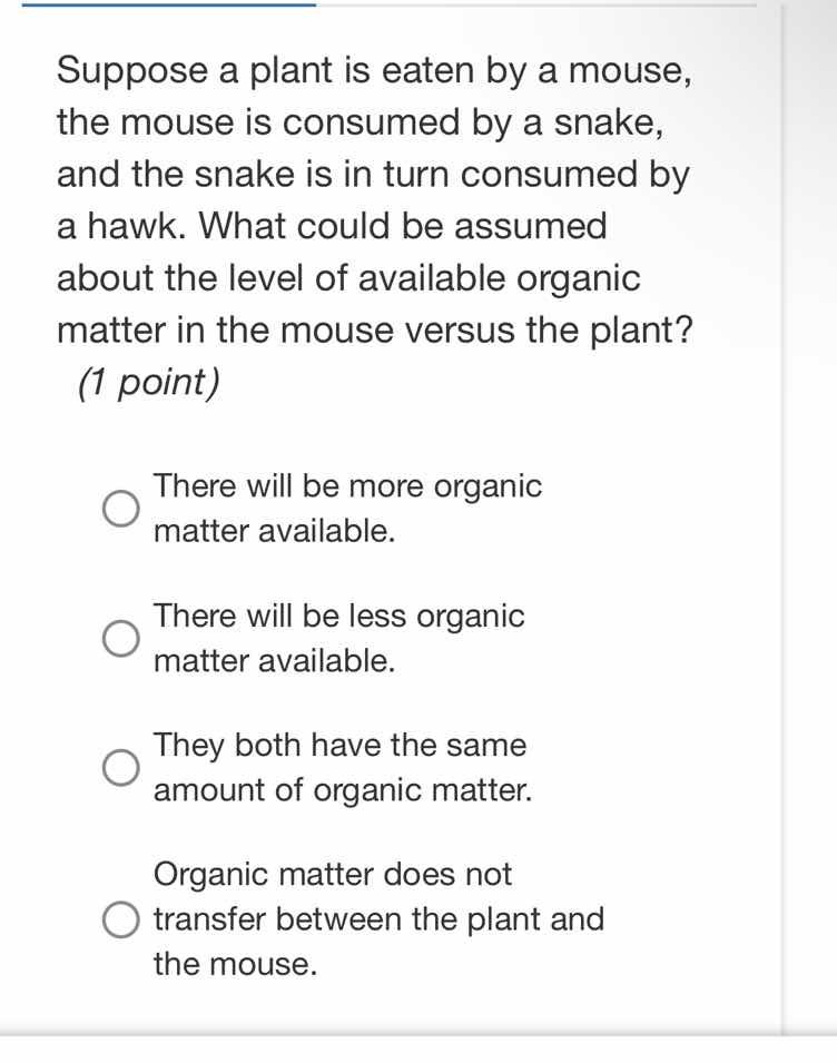 suppose a plant is eaten by a mouse, the mouse is consumed by a snake, …