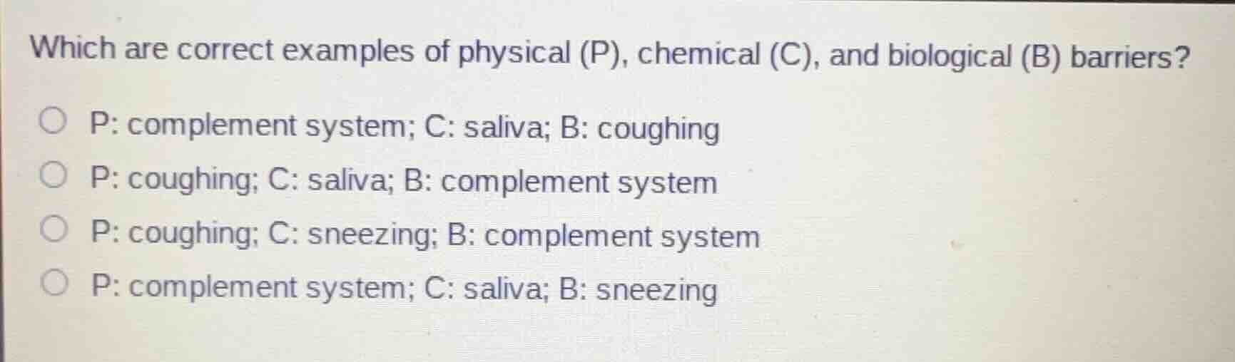which are correct examples of physical (p), chemical (c), and biologica…