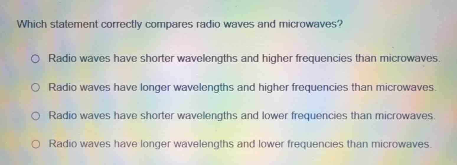 which statement correctly compares radio waves and microwaves? radio wa…