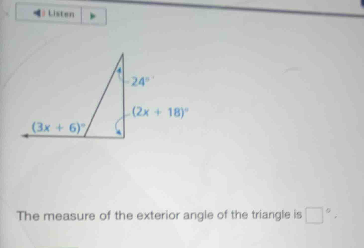 the measure of the exterior angle of the triangle is \\(\\square^{\\cir…
