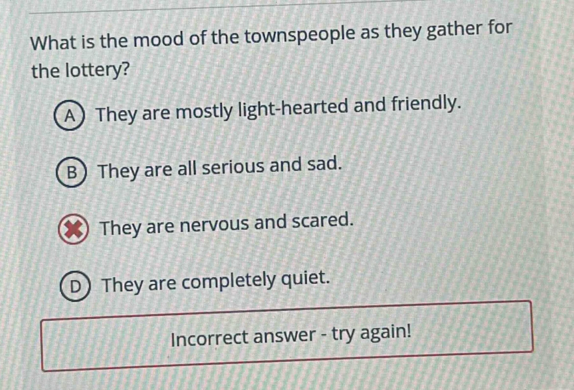 what is the mood of the townspeople as they gather for the lottery? a t…